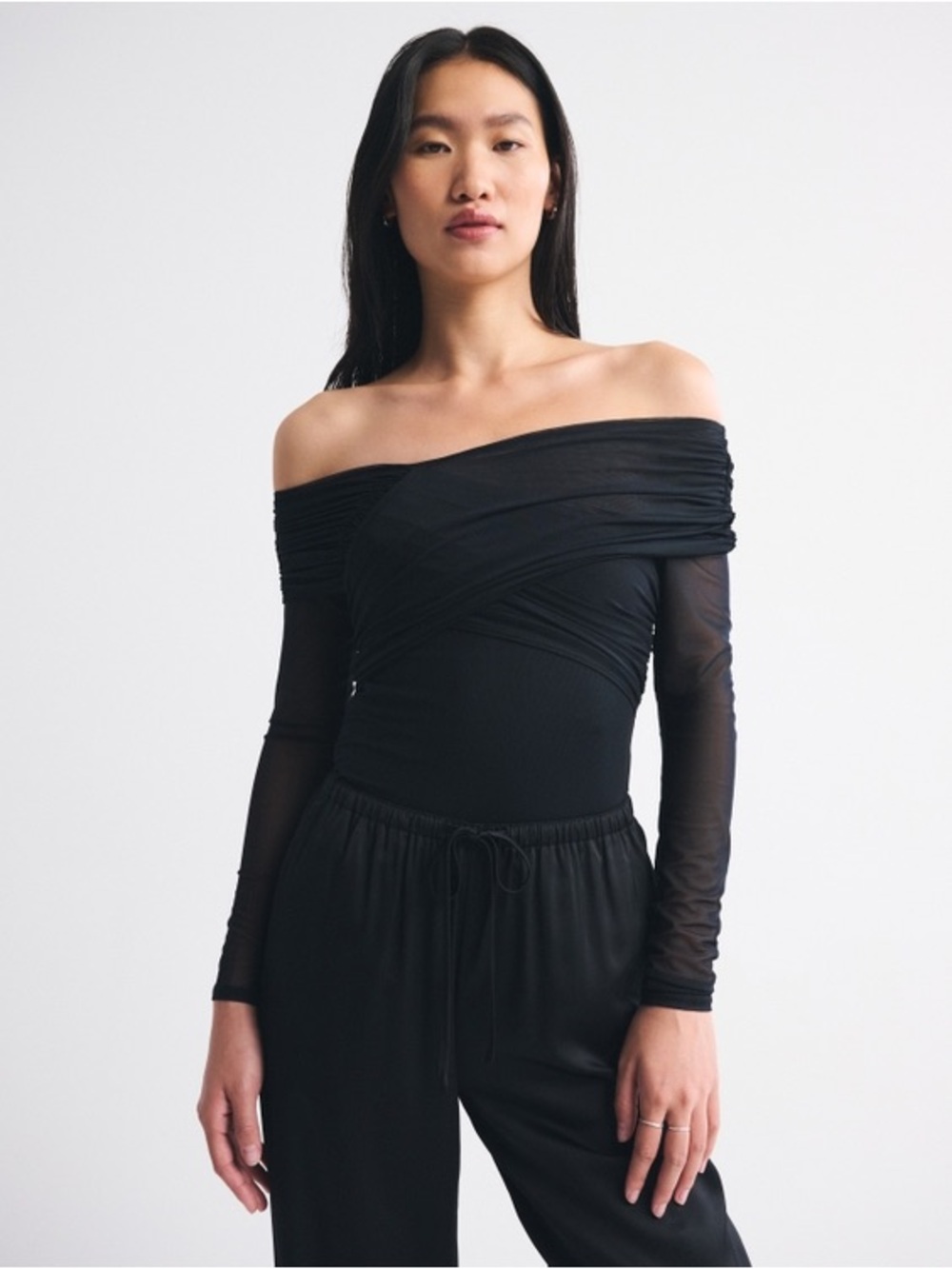 Abercrombie & Fitch Black Off-Shoulder Mesh Bodysuit